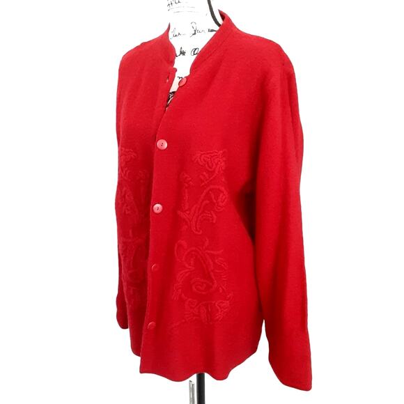 Vintage 100% Wool Red Cardigan Sweater Button Front Ornate Embroidery Holiday XL - Picture 2 of 14